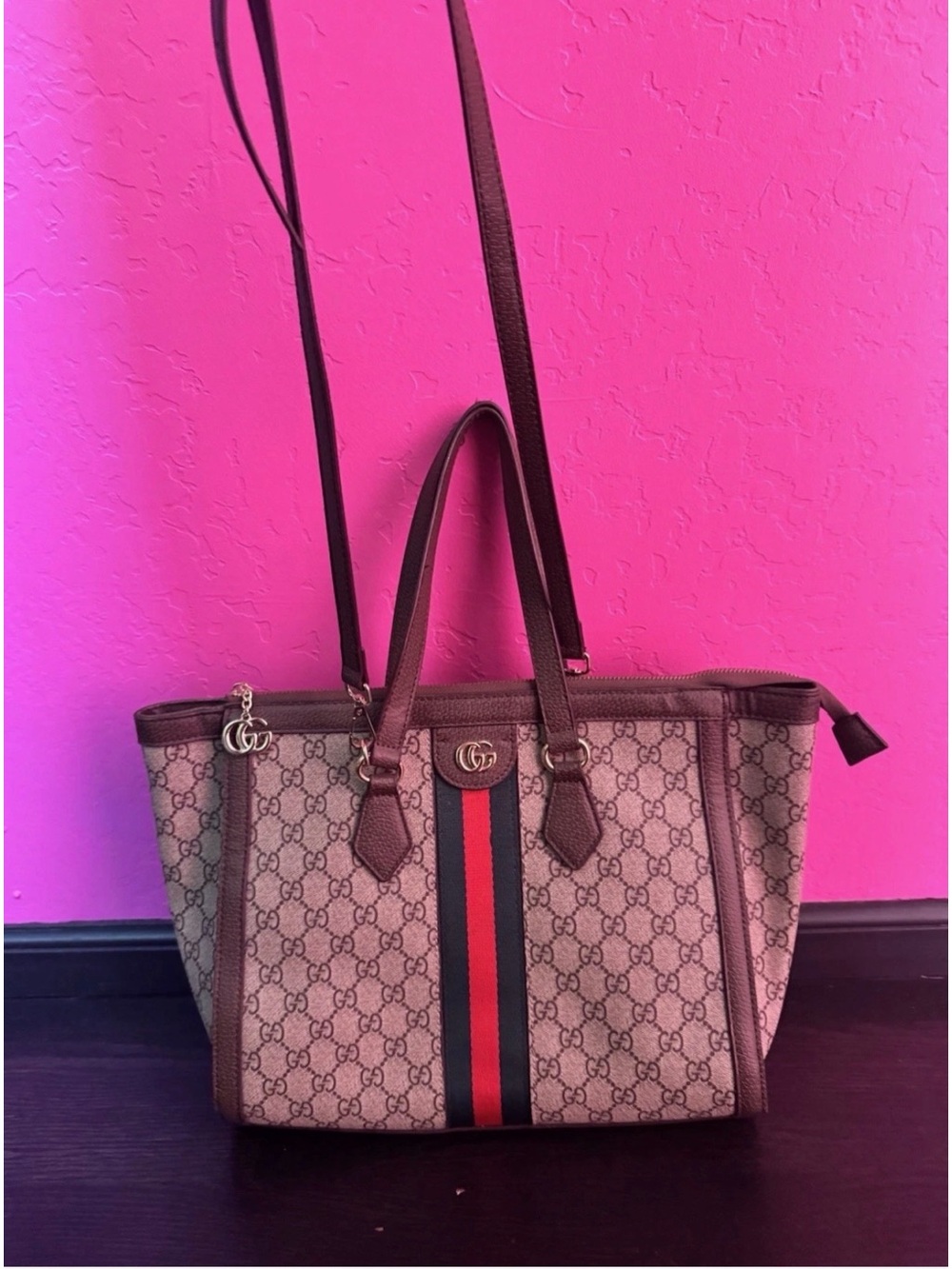 Gucci Brown GG Supreme Canvas Tote with Red and Green Center Stripe